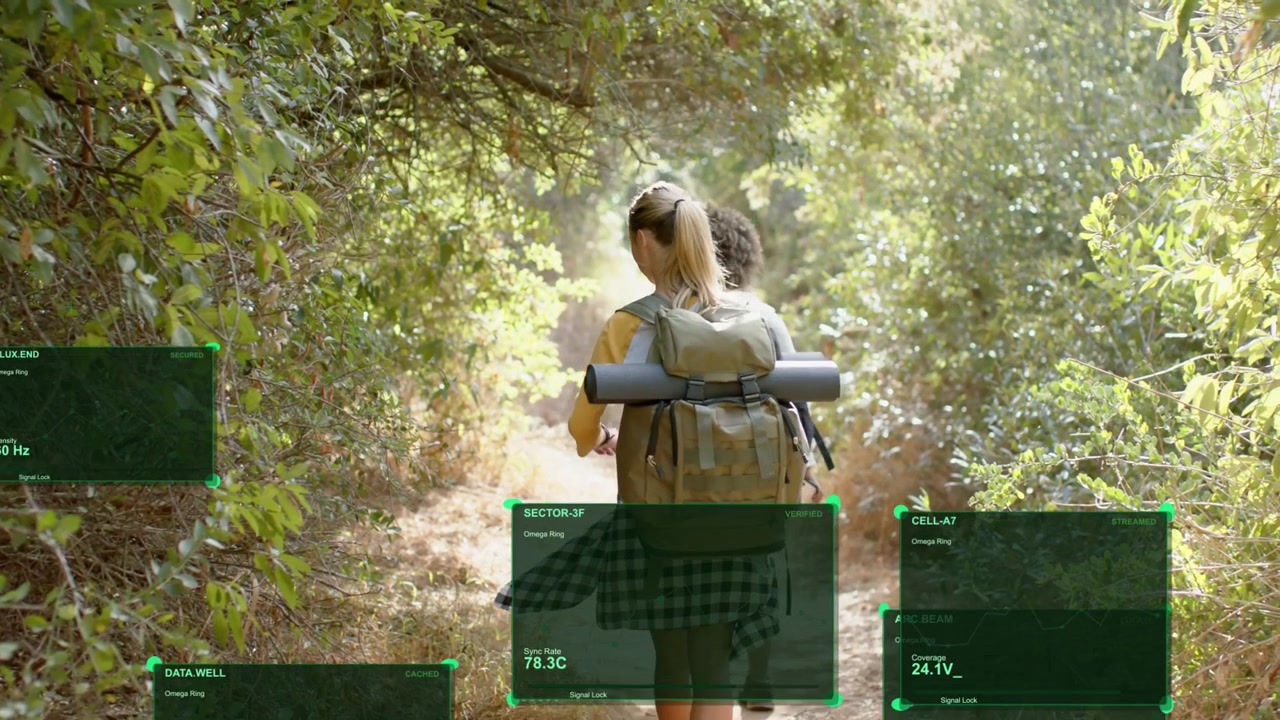 Khaki pack hiker checking wrist, activating tech, companion linking, panels expanding over trail