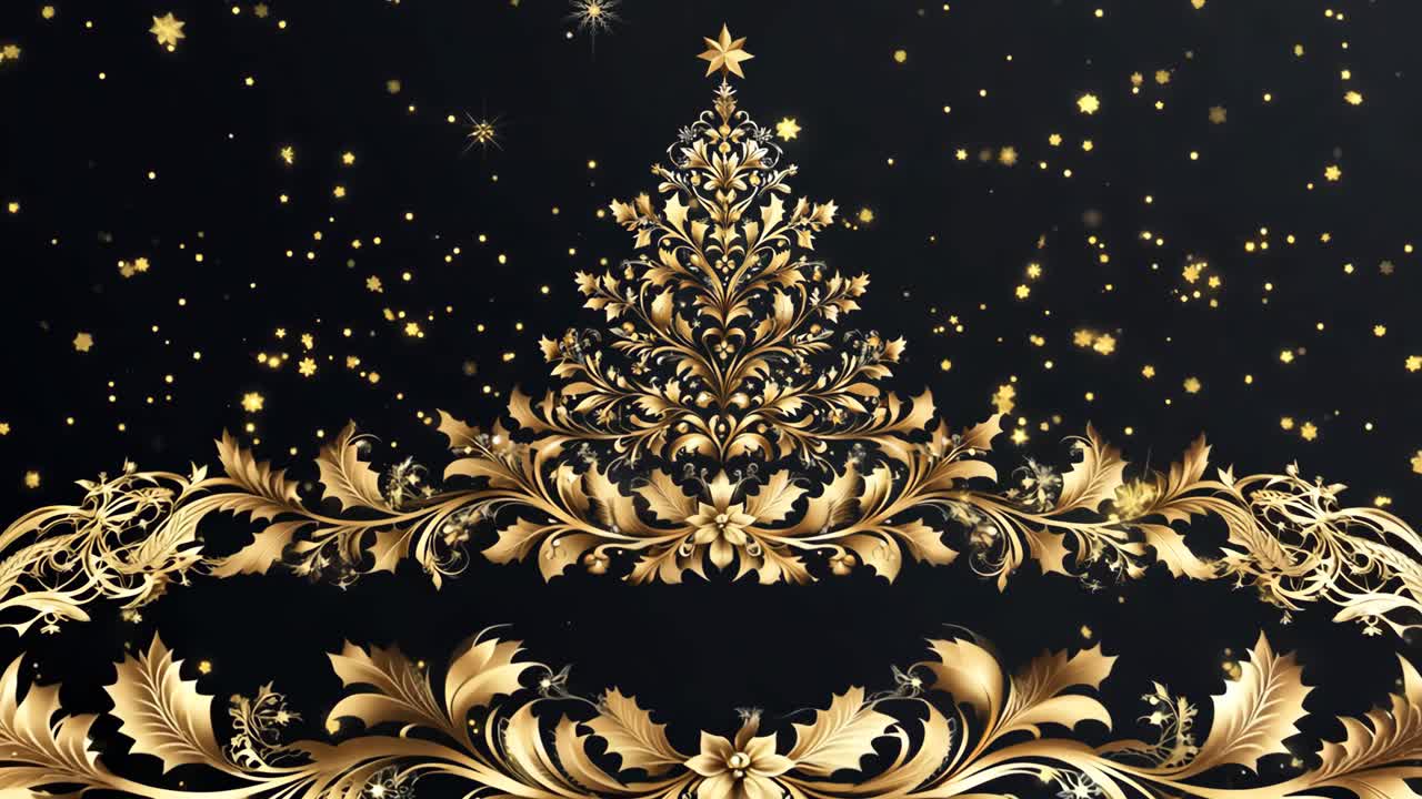 A gold tree with a star on top of it. The tree is surrounded by gold ...