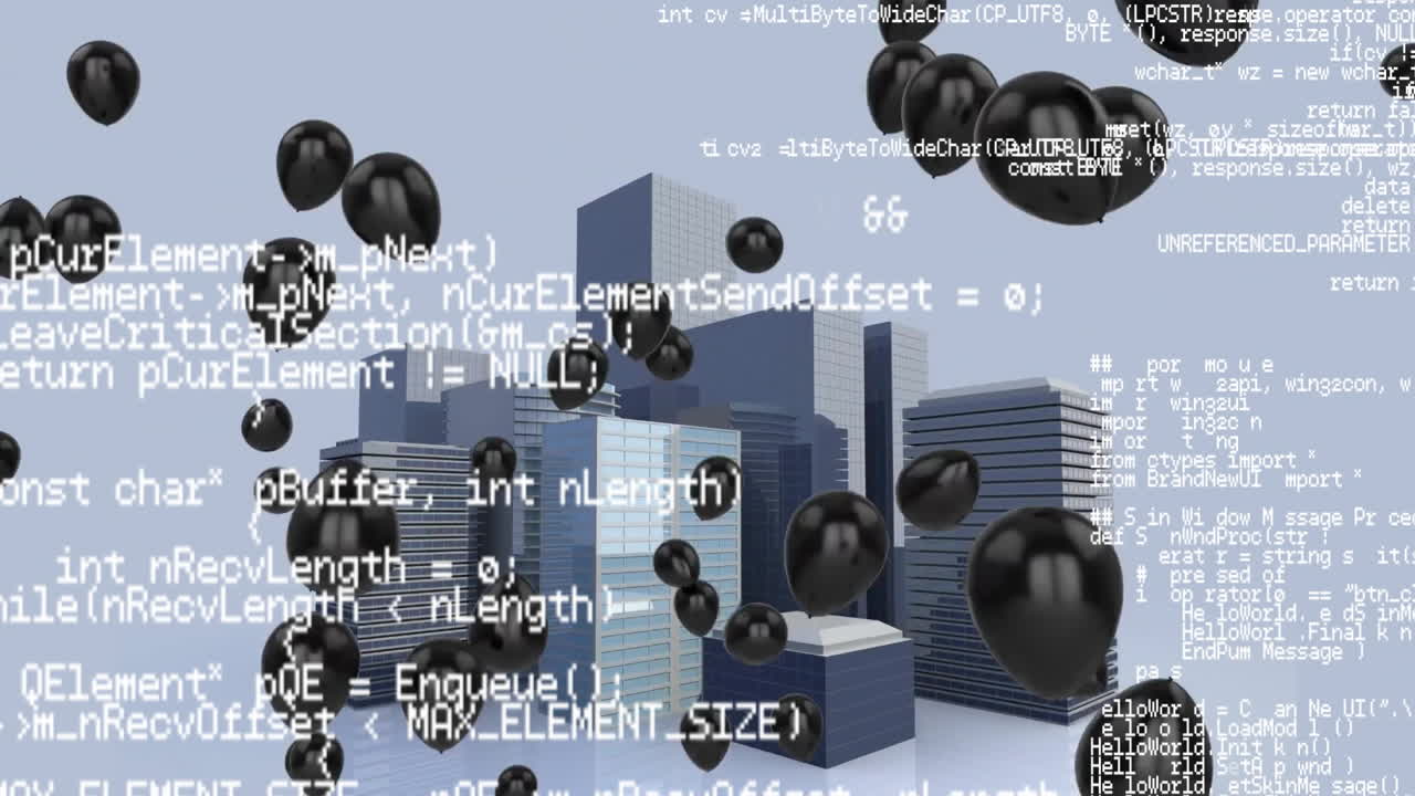추상적인 배경에 대한 검은 풍선과 3d 건물에 대한 컴퓨터 언어의 애니메이션