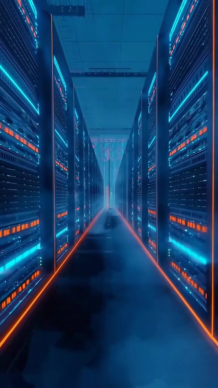 Futuristic Server Room with Glowing Data Center Racks