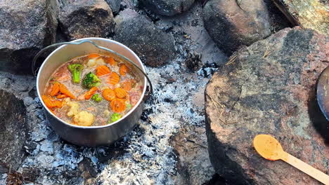 delicious and healthy vegetables boiling inside a pan set on a campfire with stones around