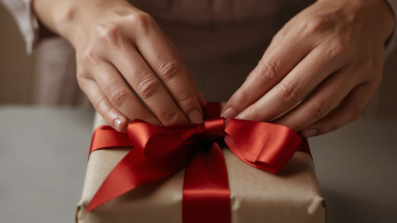 Finishing wrap, woman adjusting red satin bow on kraft box on table, in light top, neutral-apron
