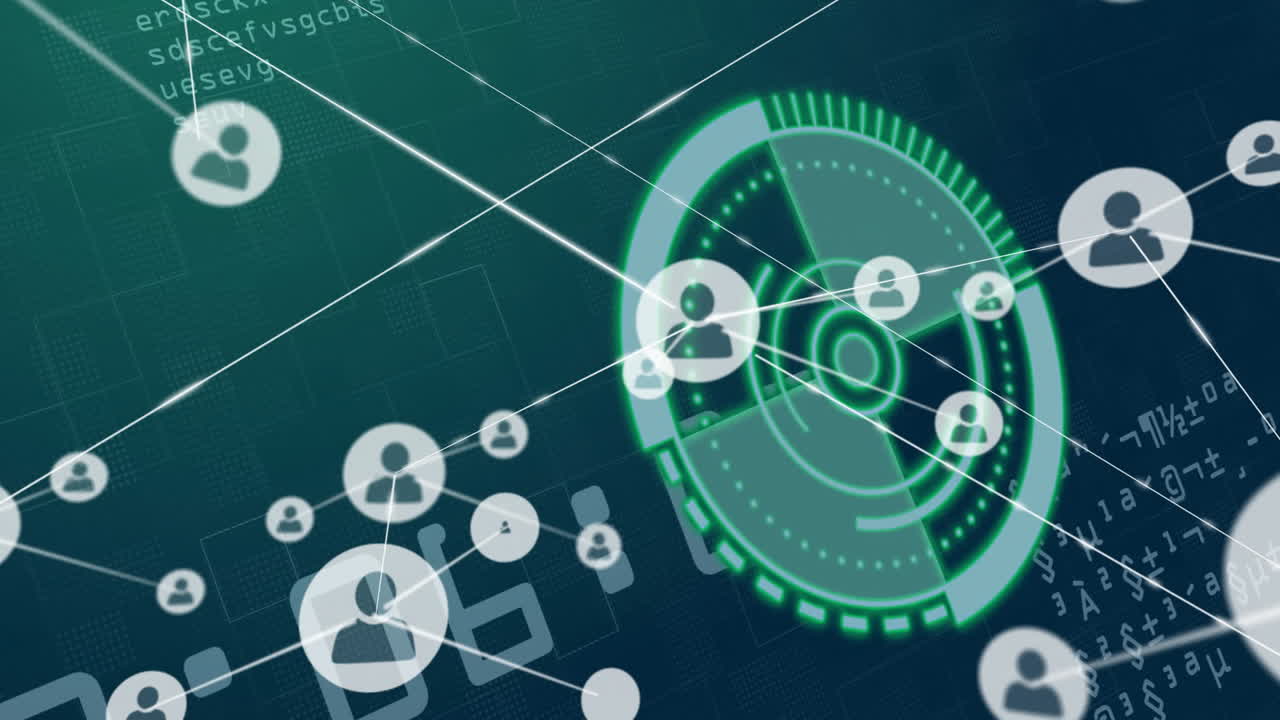 animación de las conexiones de red y los iconos de usuario en el fondo de la interfaz digital