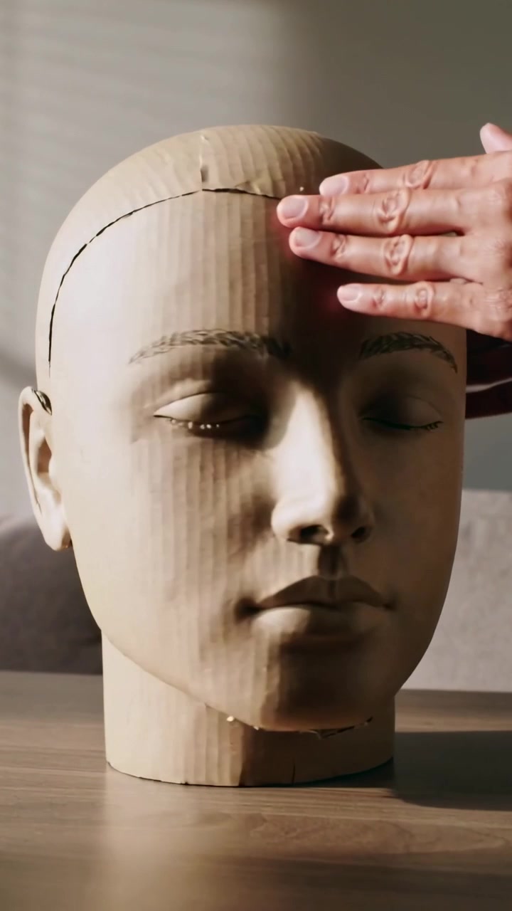 Video verticale: Mano destra che si allunga per levigare una testa di manichino di cartone in studio, allineando le cuciture