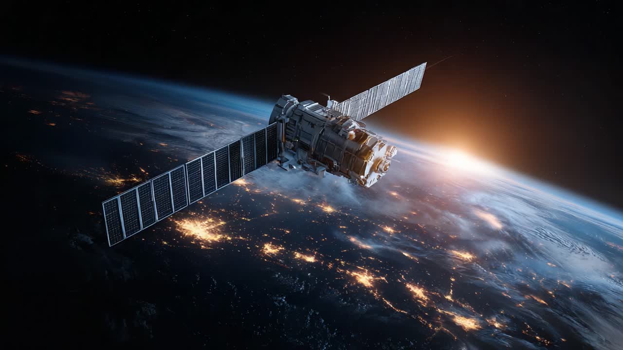 A Stunning View of a Satellite Orbiting Earth Against the Backdrop of a Glorious Sunrise, Highlighting the Advanced Technology of Space Exploration