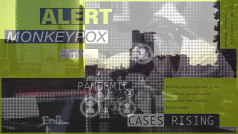 animation of monkey pox alert over cityscape and caucasian female lab worker