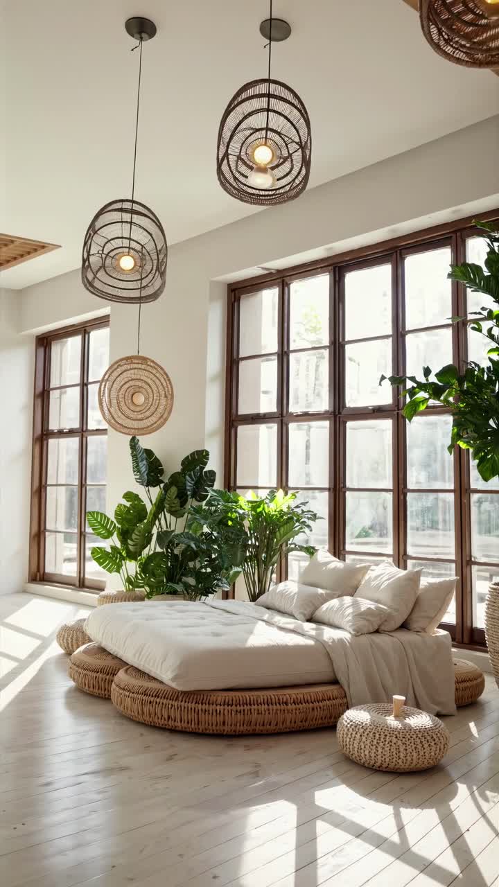 Cozy bedroom with rattan decor, large windows, and lush plants. Captured from a low angle