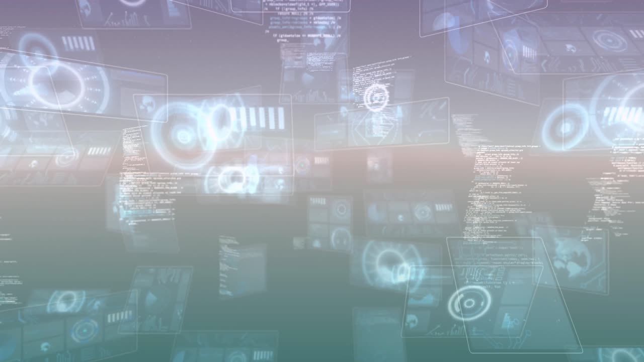 Animation of multiple round scanners and data processing against gradient background