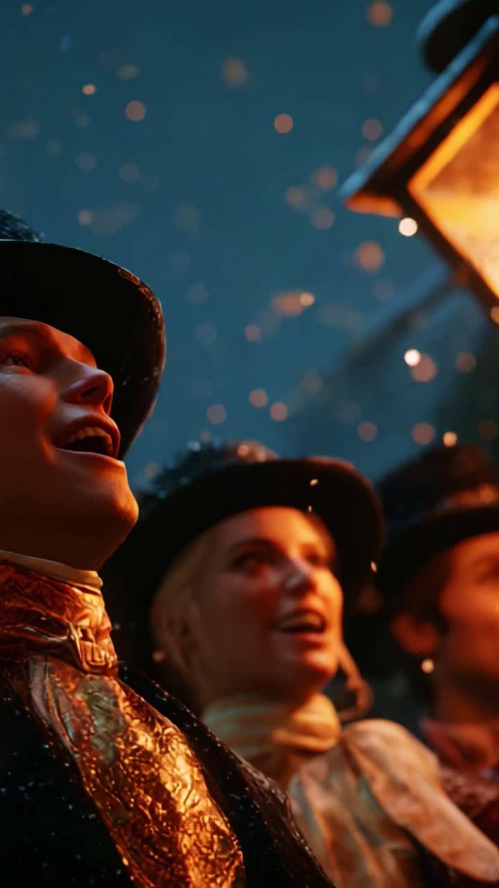 Captivating Winter Scene with Enthusiastic Singers Gathering Around a Flickering Lantern, Dressed in Traditional Attire Amidst a Magical Snowfall, Illuminated by Soft Warm Light