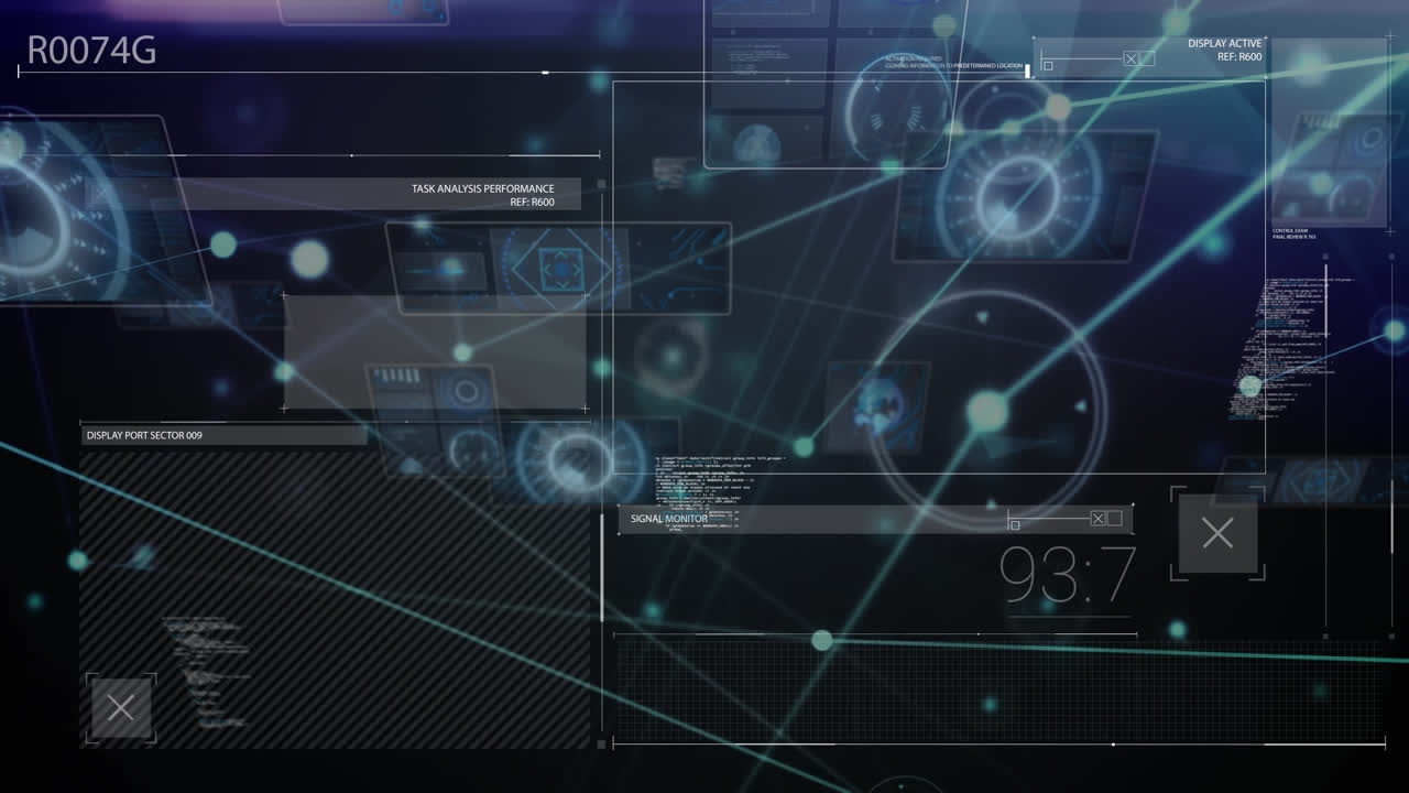 Animation of molecules over data processing on black background