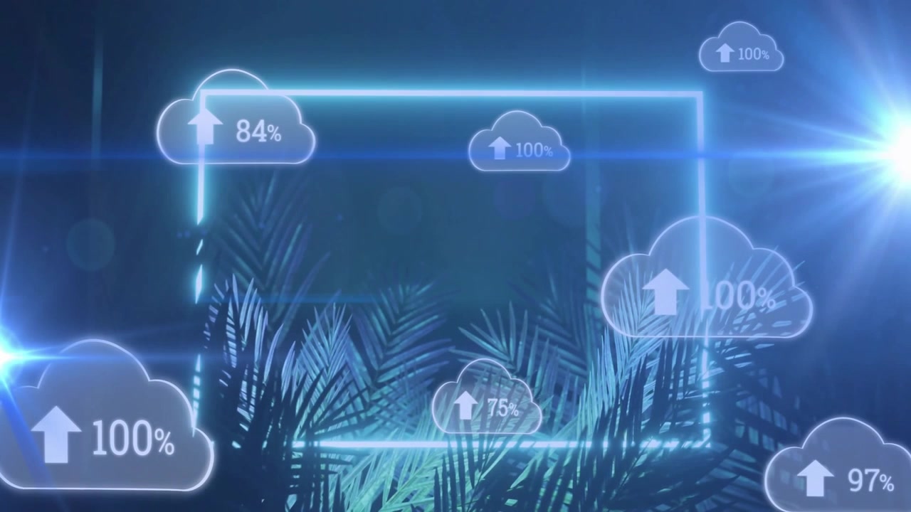 Digital Cloud Computing Upload Progress Interface with Tropical Foliage Background
