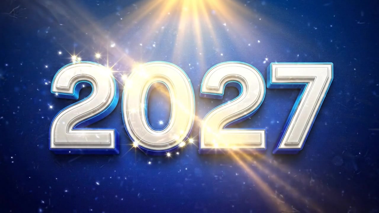 Testo animato 2027 con effetti di luce dorati su sfondo blu