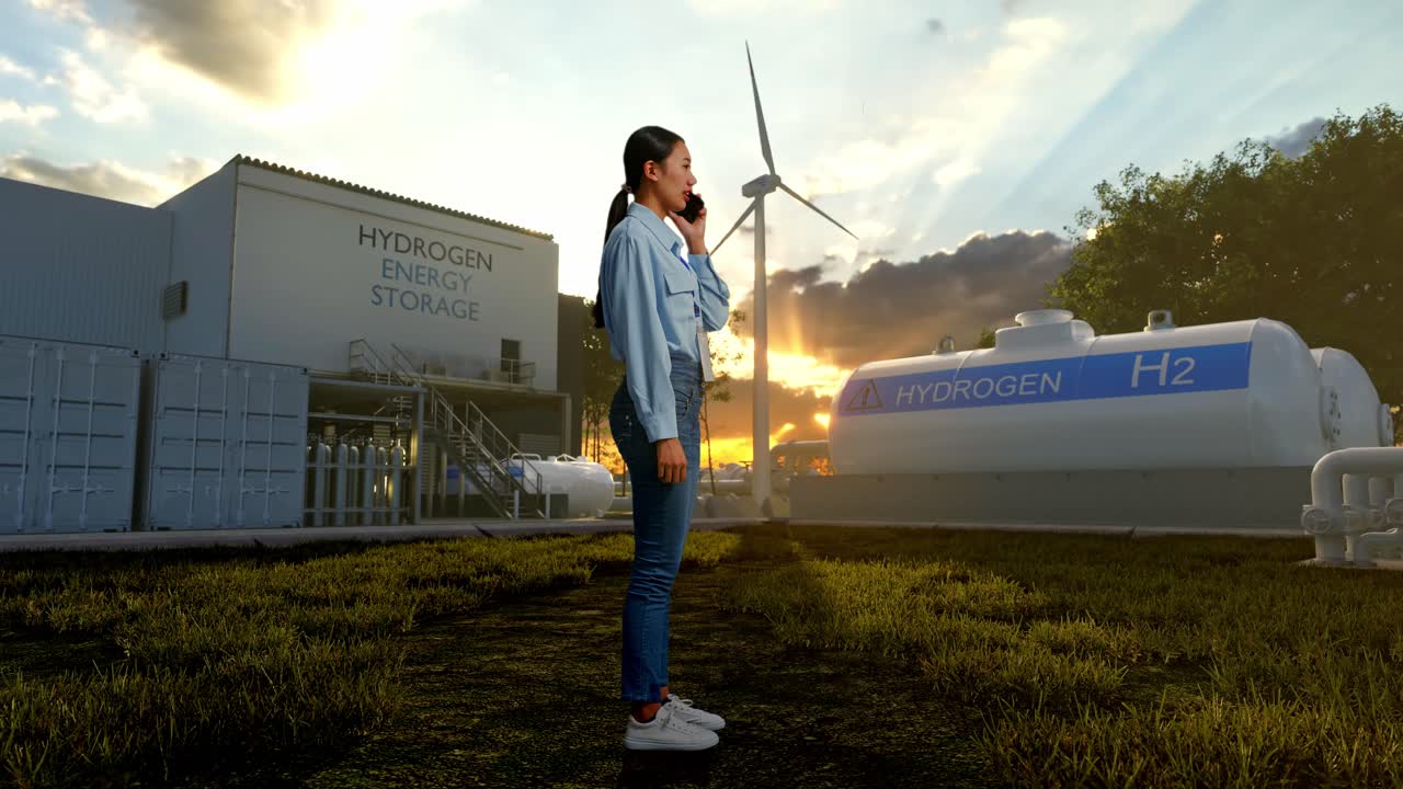 초록색 수소 공장, 첨단 산업 시설에 서있는 아시아 여성 전문 노동자의 전체 몸의 측면 시각, 그녀는 전화로 누군가와 이야기하고 있습니다.