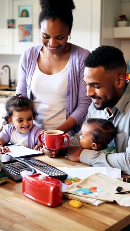 a close-up scene of a family working from home in their kitchen with their young child.