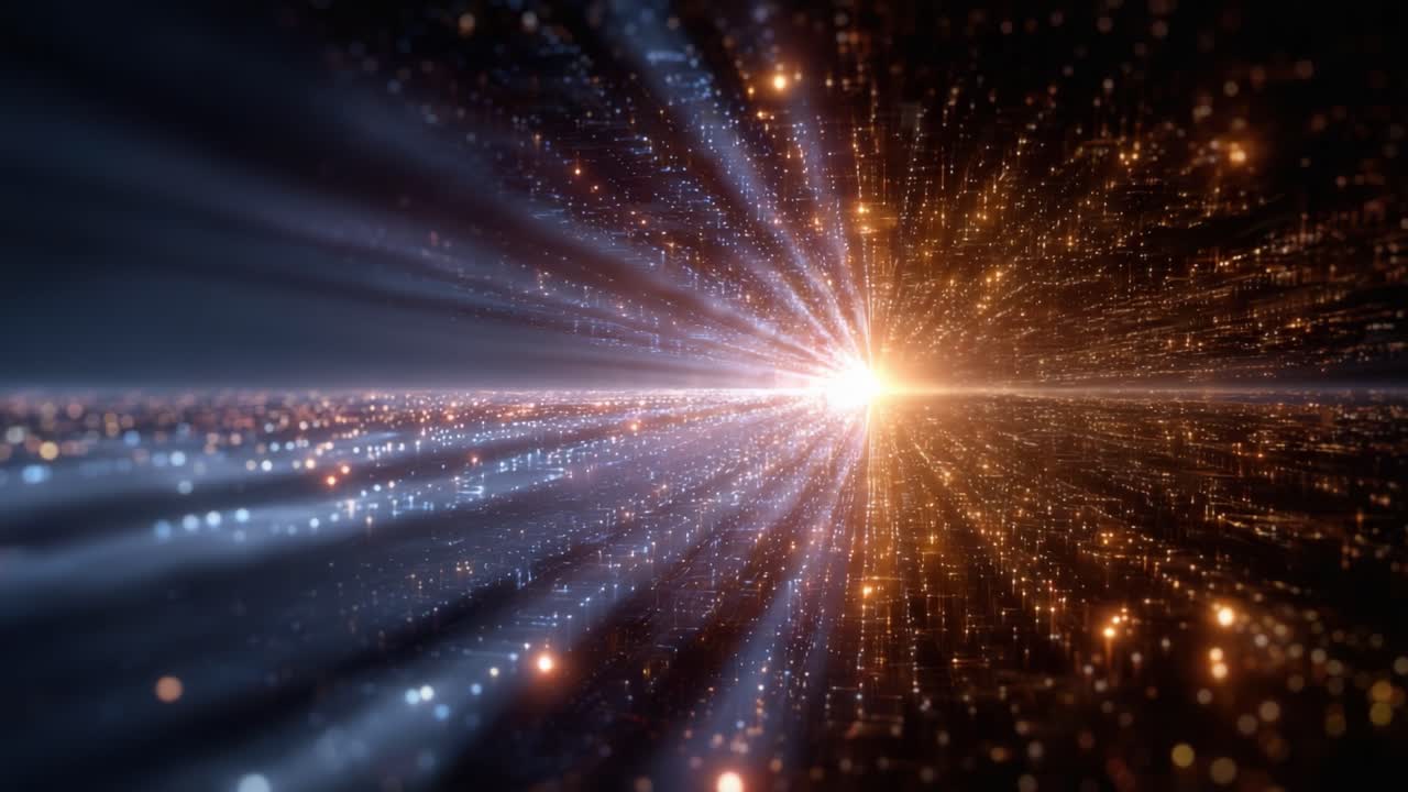 A Stunning Visual Journey Through a Cosmic Landscape of Light and Stars, Featuring Brilliant Beams and Glittering Cosmic Particles in a Hypnotic Display of Color and Motion