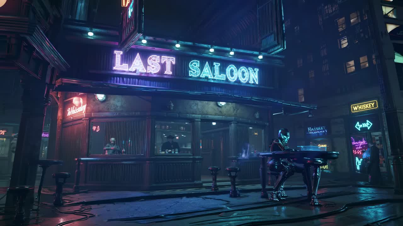 Cyberpunk Bar Scene with Robot Musician