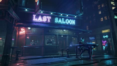 cyberpunk bar scene with robot musician