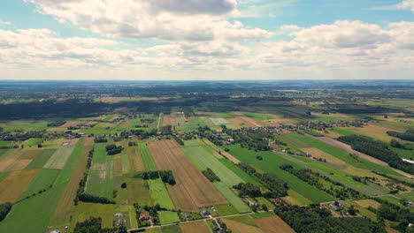 Luftaufnahme-Mit-Der-Landschaftsgeometriestruktur-Vieler-Landwirtschaftlicher-Felder-Mit-Verschiedenen-Pflanzen-Wie-Raps-In-Der-Blütezeit-Und-Grünem-Weizen