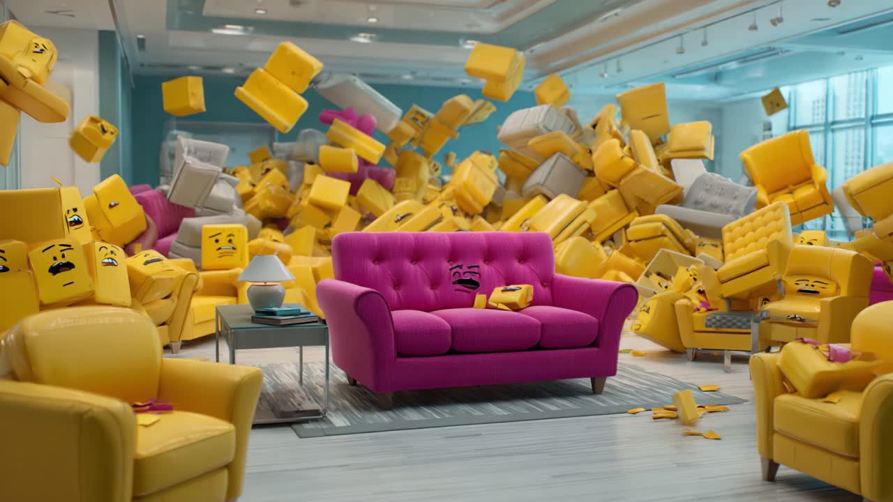 A Vibrant Explosion of Joyful Cushions in a Modern Lounge, Featuring an Eye-Catching Pink Sofa Surrounded by a Chaotic Pile of Cheerful Yellow Cushions and Stylish Armchairs, Creating a Fun Atmosphere