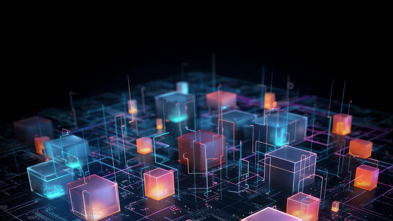 Futuristic video concept of glowing cubes on a digital grid