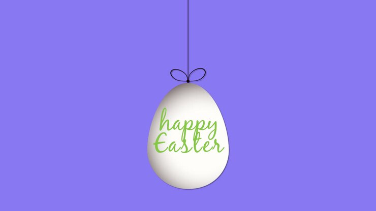 Hello Easter with hanging easter egg on purple gradient