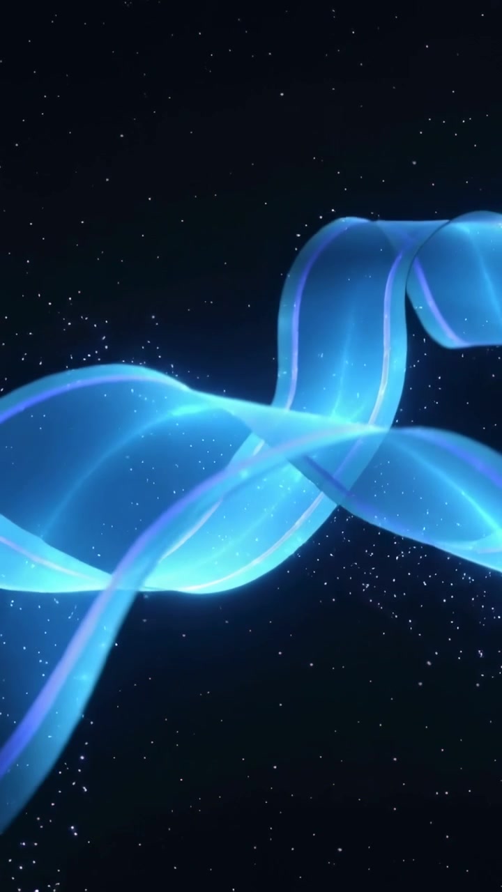 Vertical video: Playback starting, blue ribbon waving into right loop in space with purple edges