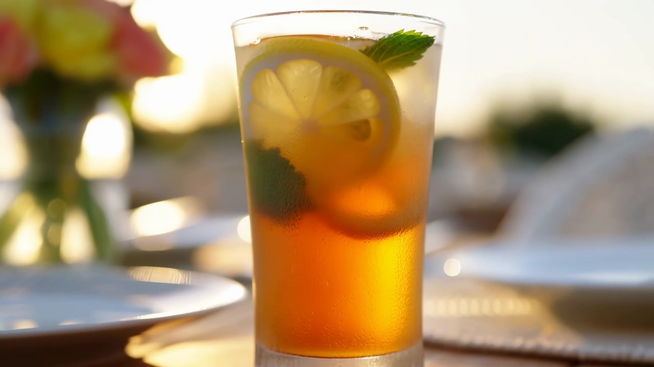 Bicchiere alto di bevanda ambrata ghiacciata con fetta di limone, foglia di menta e condensa che brilla nella calda retroilluminazione del tramonto su un tavolo da pranzo rustico in legno, creando un'atmosfera estiva rinfrescante
