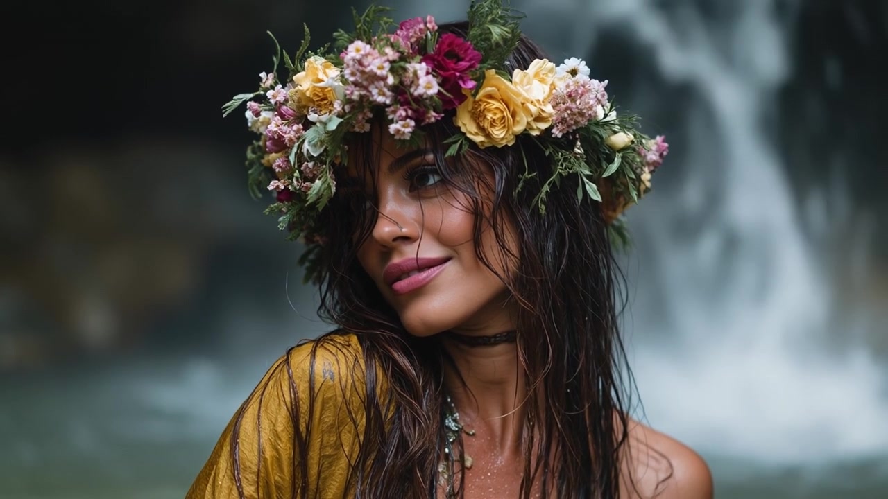 Una mujer hermosa llevando una corona de flores se relaja frente a una cascada pintoresca.