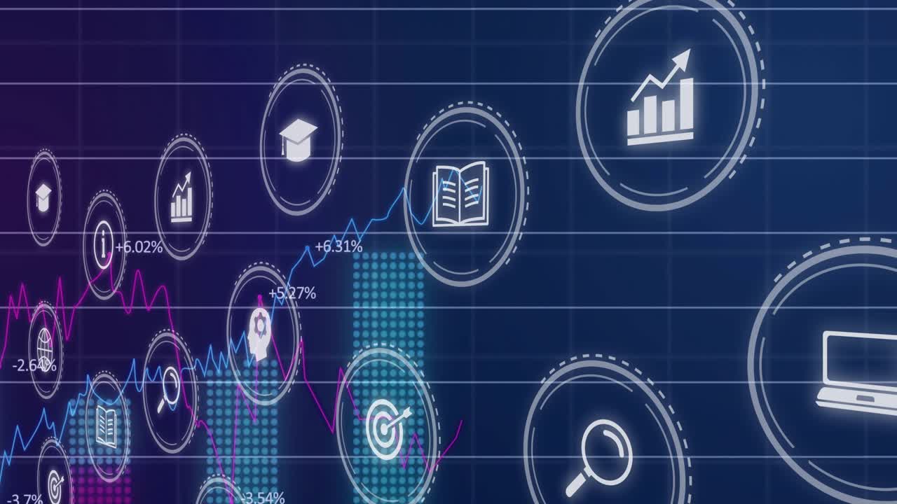 Opening dark grid, colored lines weaving through icons, bar chart enlarging, analytics view forming