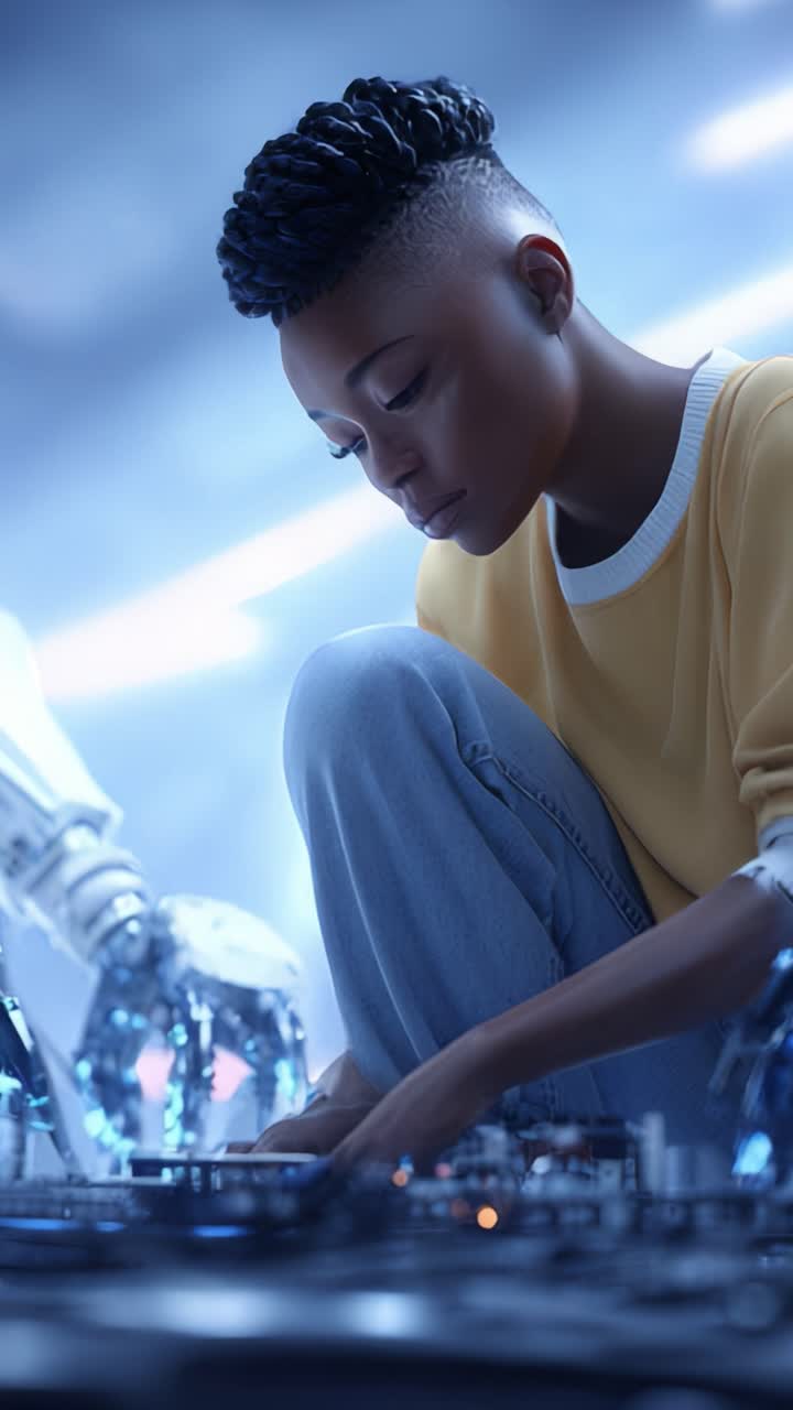 En fokuseret person interagerer med teknologi og kombinerer menneskelig intuition og robotpræcision i et futuristisk miljø, der viser innovation og kreativitet