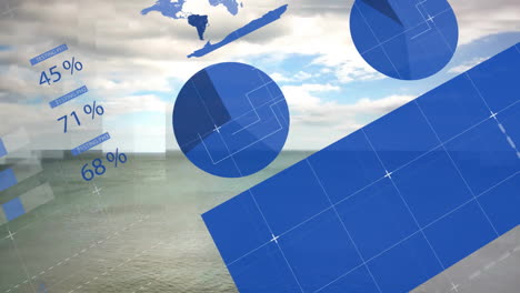 geometric shapes and world map animation over coastal landscape