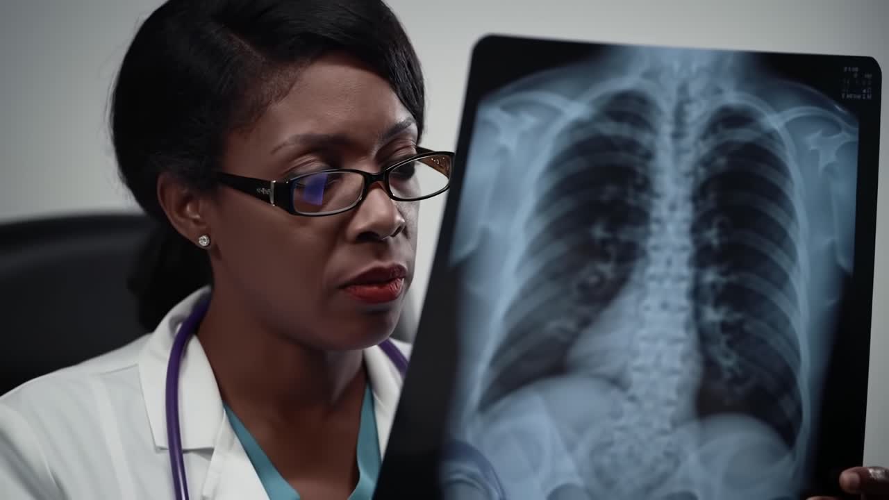 A Medical Professional Analyzing a Chest X-ray in a Clinical Setting: Focus on Diagnosis, Patient Care, and Radiographic Assessment