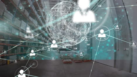 animation of network of connections with icons and data processing over warehouse