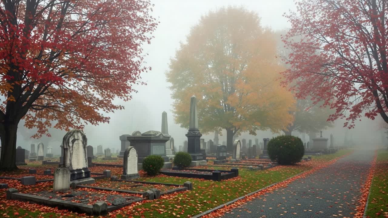 A Tranquil Autumn Cemetery Scene Wrapped in Mystical Fog Showcases Vibrant Fall Foliage Intermingled with Historic Gravestones and Serene Atmosphere