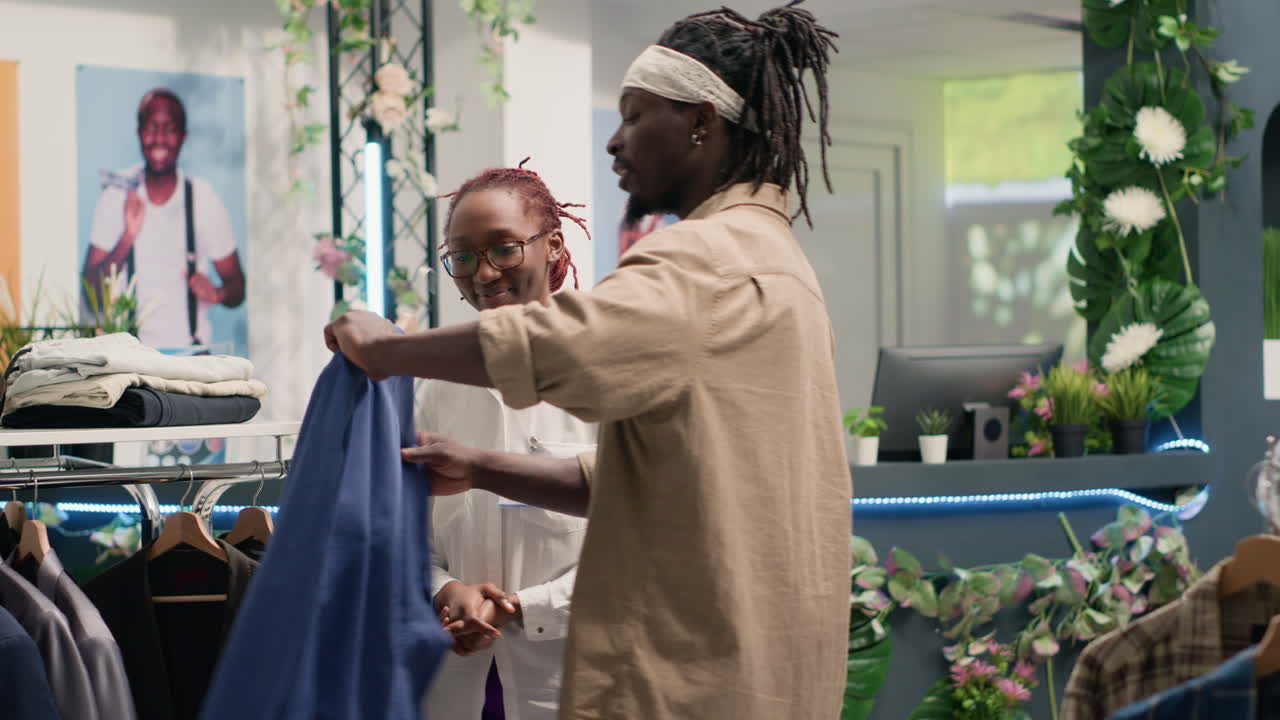 el trabajador ayuda al cliente a encontrar ropa formal