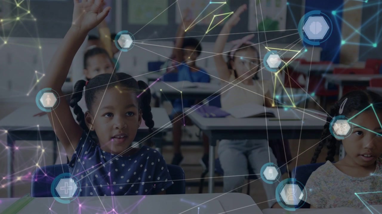 Front-left girl raising hand after teacher cueing class raising hands hex nodes drifting over faces
