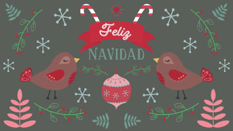 Animación-De-Palabras-De-Feliz-Navidad-Con-Pájaros-Sobre-Fondo-De-Adornos-Navideños