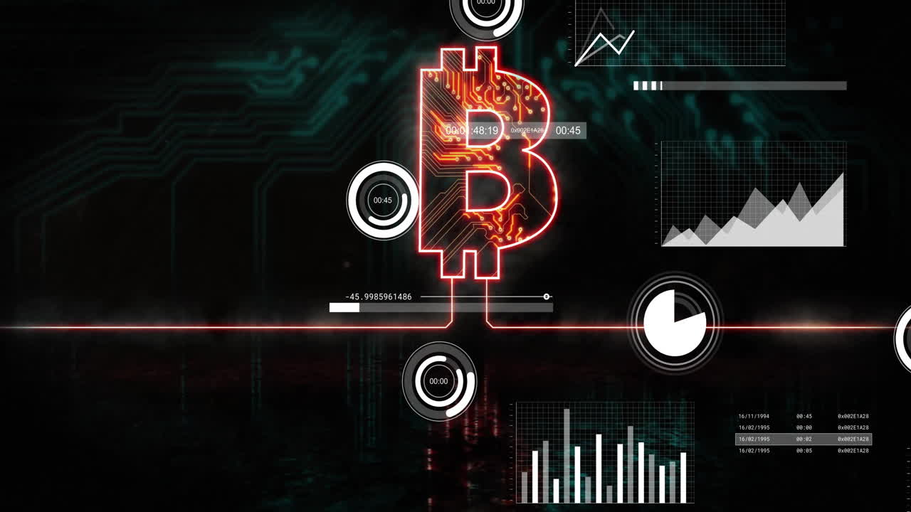 Bitcoin symbol with digital graphs and data over circuit background animation