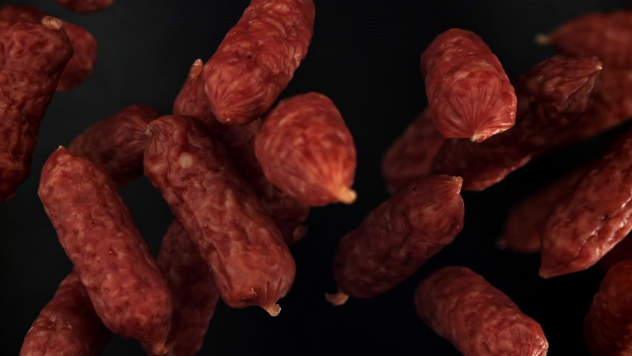Mini salsicce di salame che cadono al rallentatore su sfondo nero.