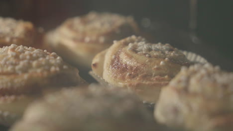 close up of cinnamon buns getting baked in an oven