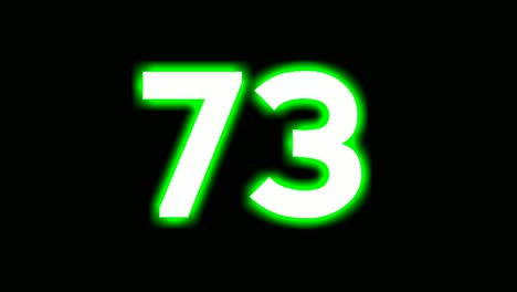 neon number 73 seventy three sign symbol modern animation motion graphics flicking on black background,green color glowing and shining for video elements