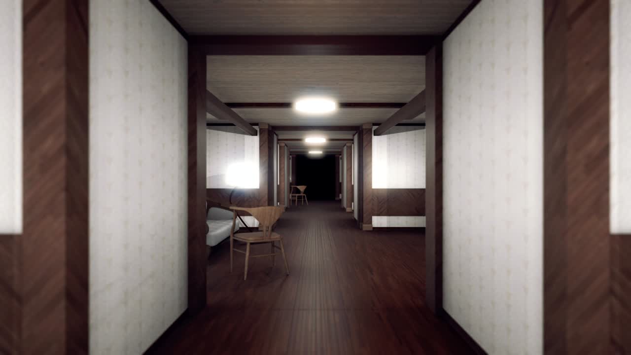 interior abstracto de arquitectura anticuada con paredes, suelo, silla, sofá y lámparas. animación. fondo 3d de la sala sin fin diseñada con efecto de ilusión óptica, bucle sin costuras