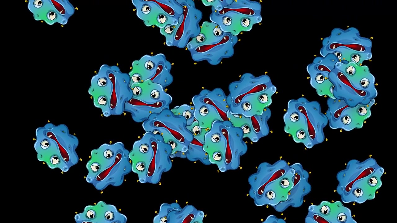 Animated blue and green cartoon microbes fall vertically through frame on a black background.