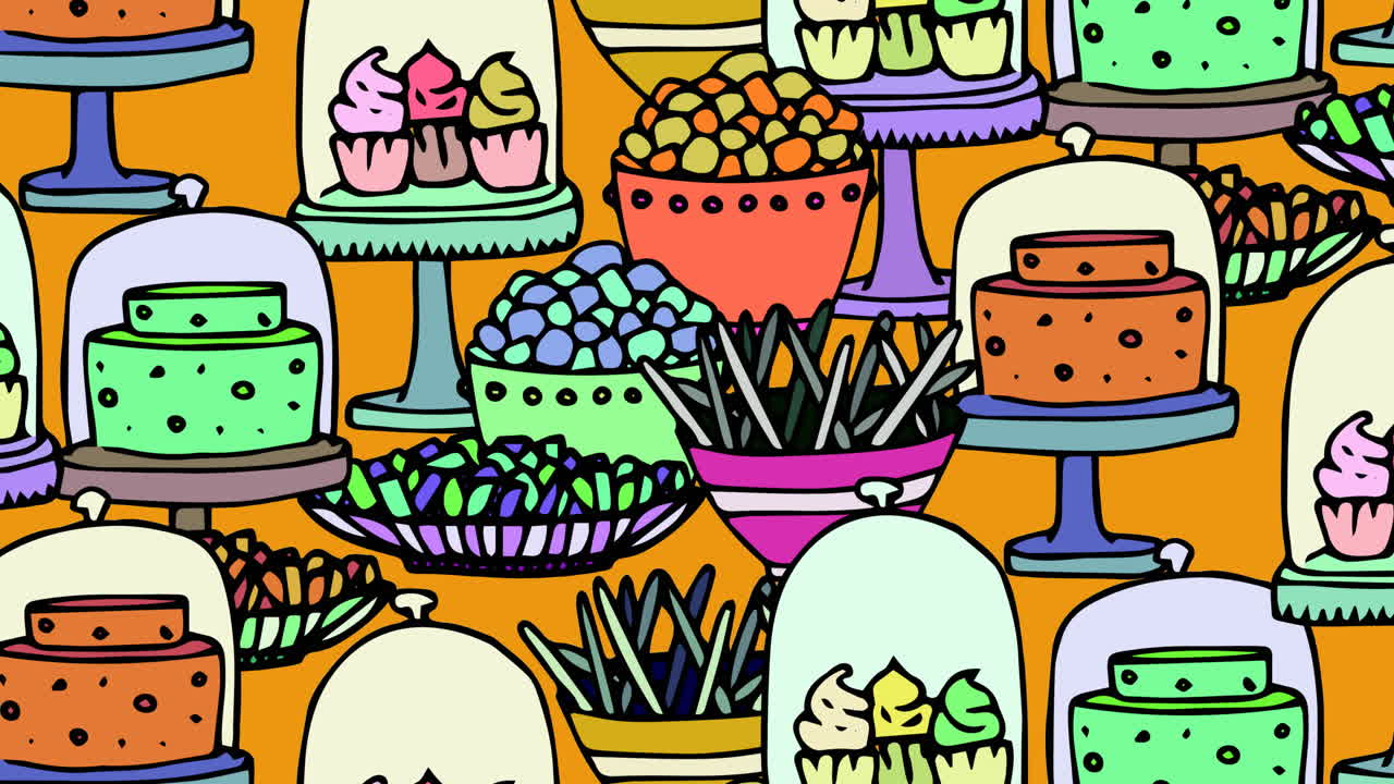animación de dulces y pasteles de halloween sobre un fondo naranja
