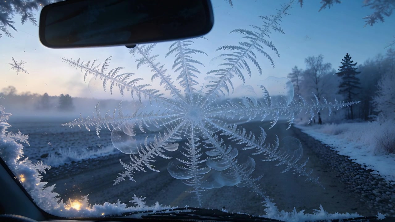 Rising low sun revealing radial ice-crystal pattern on windshield above rural road, rearview mirror