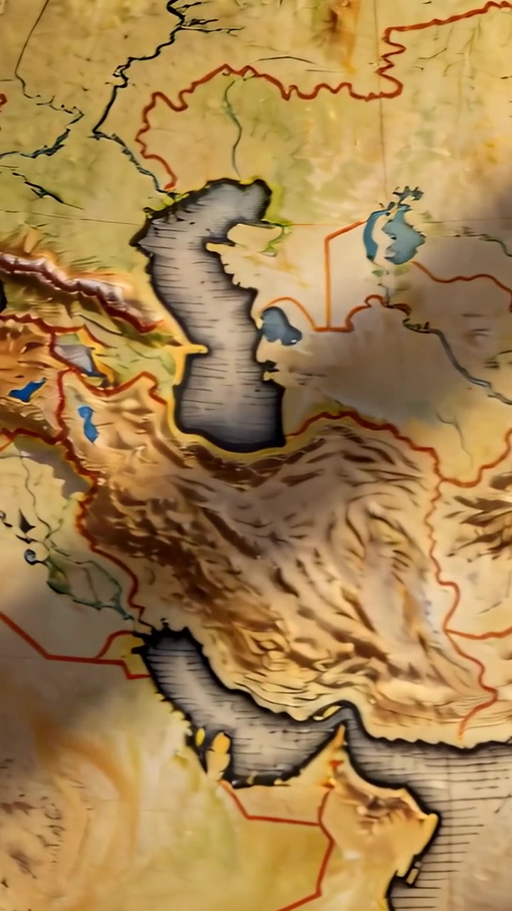 Video vertical: Operador comenzando un paneo sobre un mapa en relieve, revelando la sombra y las fronteras del Himalaya y el Caspio.