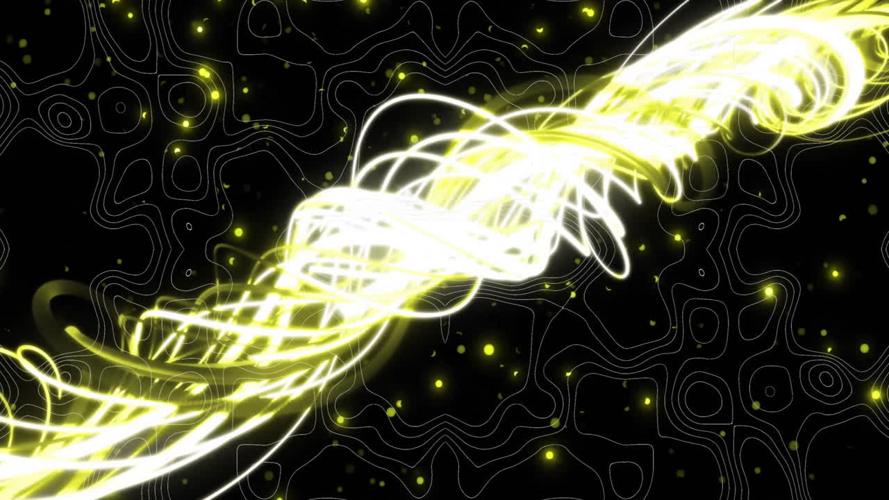 Animation of light spots and trails over white shapes on black background