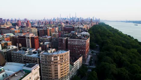 upper west side, riverside park, apartments and nyc skyline, aerial footage