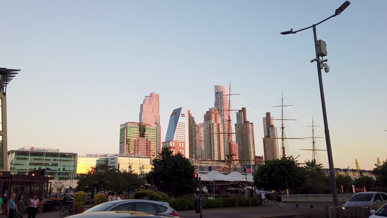 High Rise Skyscrapers of Puerto Madero at Sunset with City Traffic Panoramic at Buenos Aires Argentina