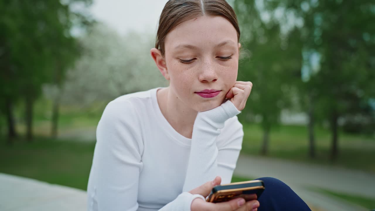 una adolescente usando un teléfono inteligente en el parque